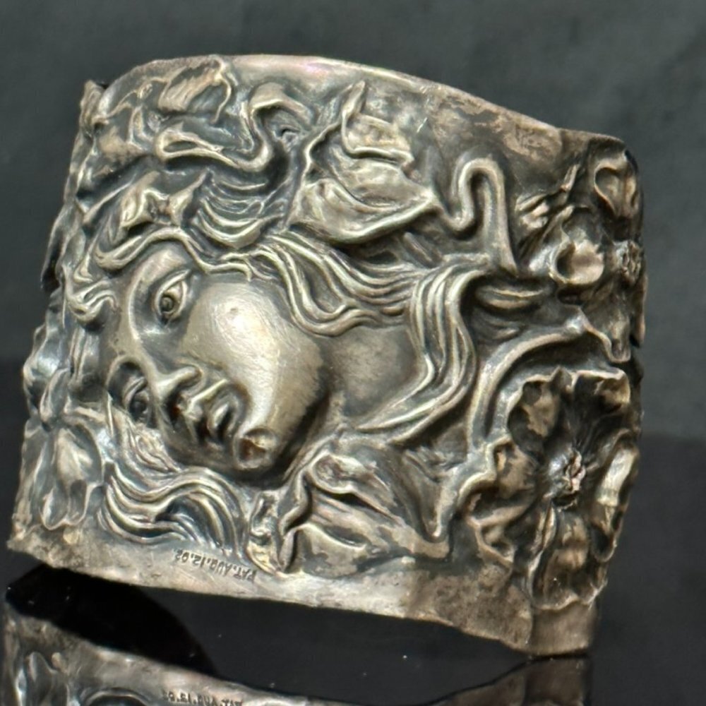 Medusa Sterling Silver Art Nouveau Wide Cuff Bracelet Victorian Antique Small